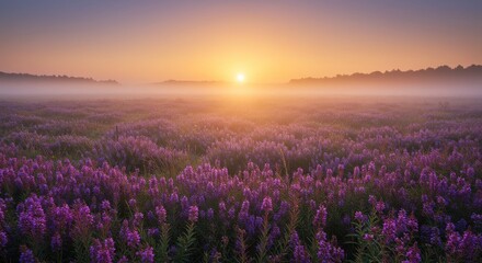 Fototapeta premium Mystical dawn over a field of violet flowers shrouded in ethereal mist