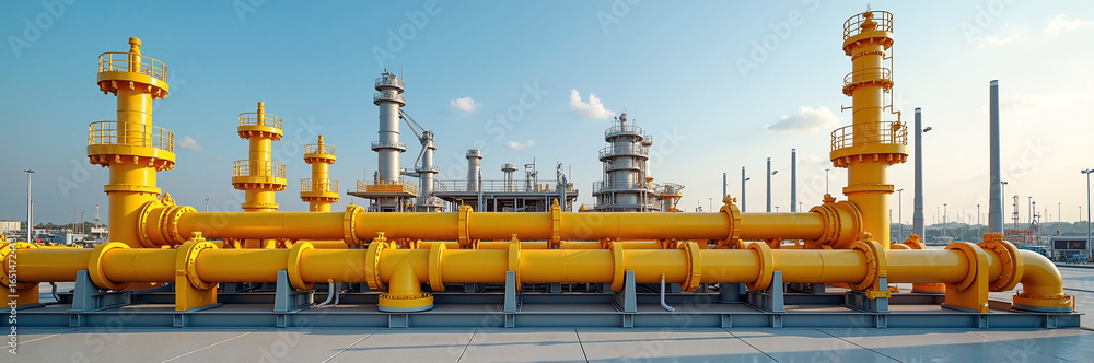 Aufkleber yellow gas pipeline with complex structure against sky. city communications systems include pipes, f