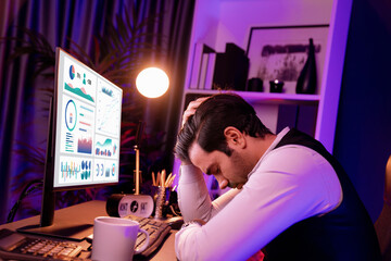 Smart businessman having headache with unfinished product service sales channel report. Concept of...