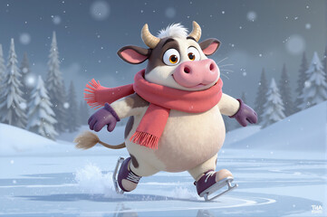 3D cartoon of A cow ice skating with a wooly scarf and gloves, in funny cartoon style