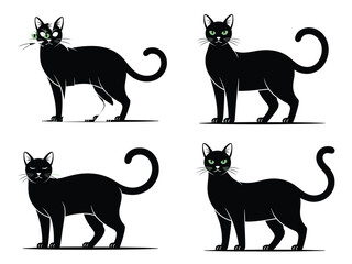 PrintBlack cats with green eyes, vector illustration, Halloween theme, feline poses, pet lovers design, spooky art, digital drawing, clipart