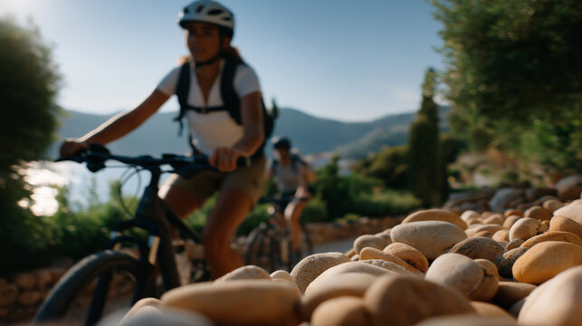 Couple Biking in Summer with Helmets on a Stone Trail - Powered by Adobe