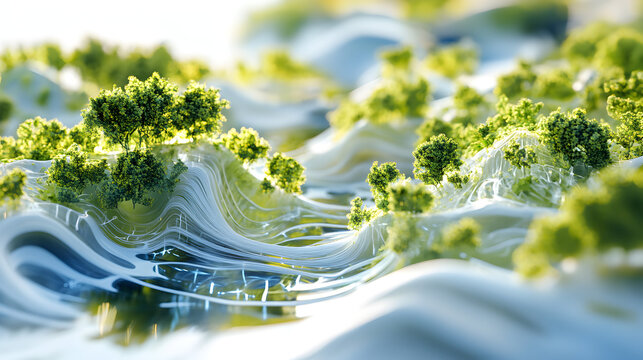 Aerial view of a miniature landscape with green trees and flowing white and blue structures below them