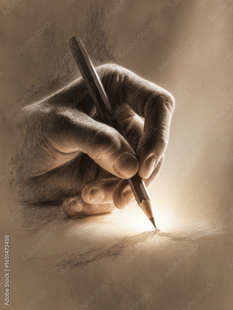 Poster hand holding a pencil sketching on paper with soft light illuminating the workspace and creating a w