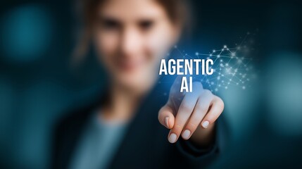 Woman pointing at agentic ai text with digital network in a blurred background with dark colors