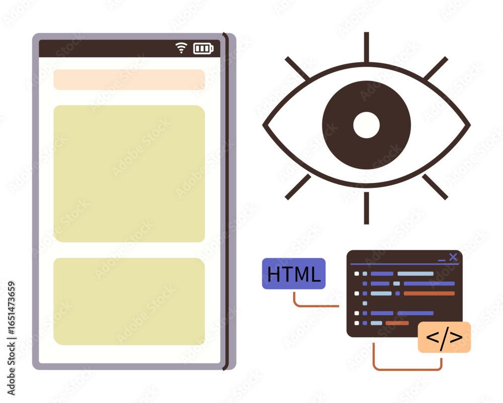 Poster mobile screen with website layout, a coding panel with html tags, and an eye symbolizing visual revi