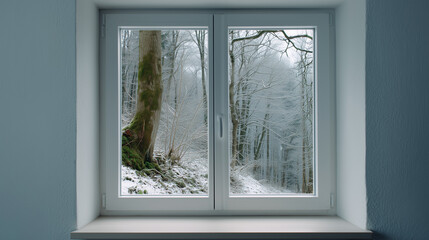 Fototapeta premium A window framing a stunning snowy forest scene, with trees, snow and a pathway visible