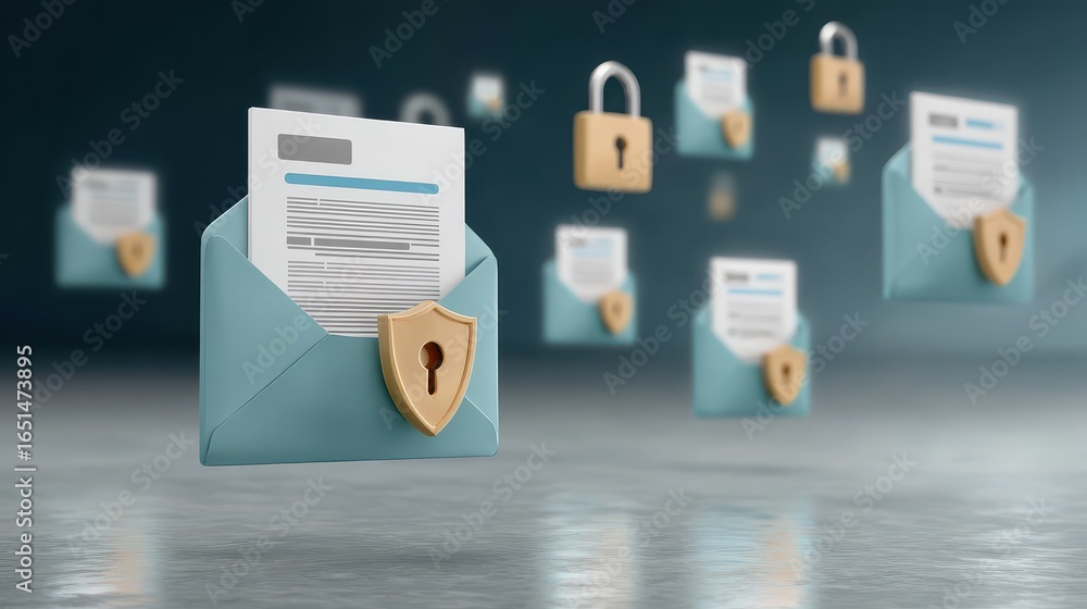 Poster secure email envelope with protection shield concept illustrating phishing simulation and cybersecur