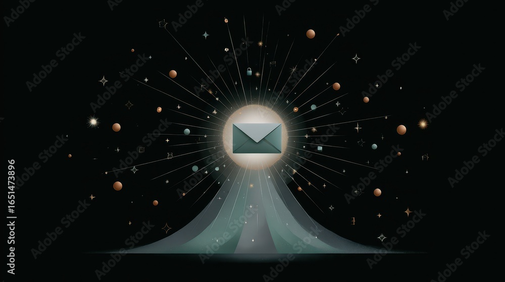 Poster stylized animation of a phishing email simulation featuring cosmic elements and an illuminated envel