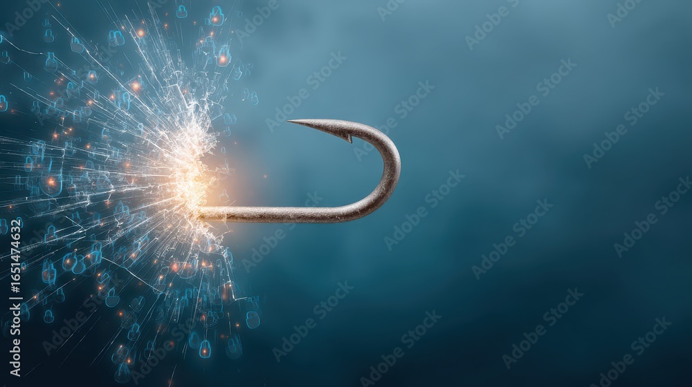 Poster stylized digital hook breaking upon impact with visual sparks representing phishing simulation conce