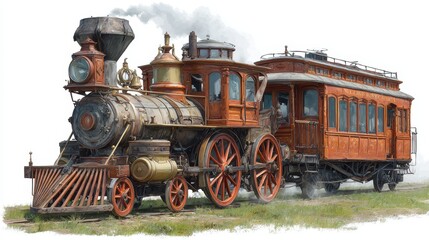 Naklejka premium Classic steam locomotive with wooden passenger car on a sunny grassy landscape during the 19th century