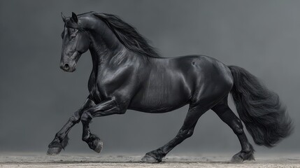 Majestic black horse galloping gracefully across an open field during golden hour sunlight
