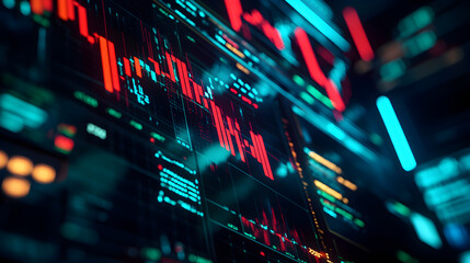 A digital display showing a financial chart with red and blue bars against a dark background screen view