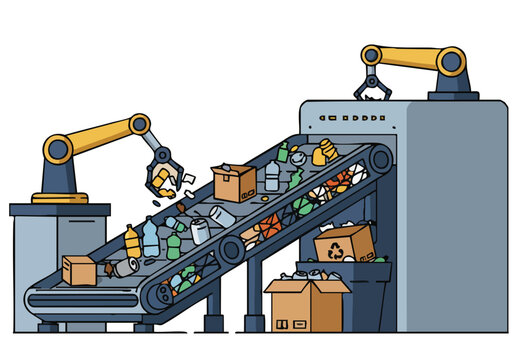 Robotic arms sort waste on a conveyor belt in a modern recycling facility. Clean lines and a bright color palette create a visually appealing industrial scene. - Powered by Adobe