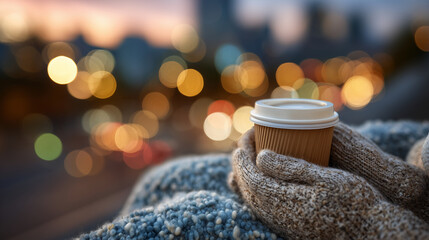 Cozy urban moment with both hands wrapped around a paper coffee cup, sunlit street reflections and soft evening colors blending into city silhouettes,
