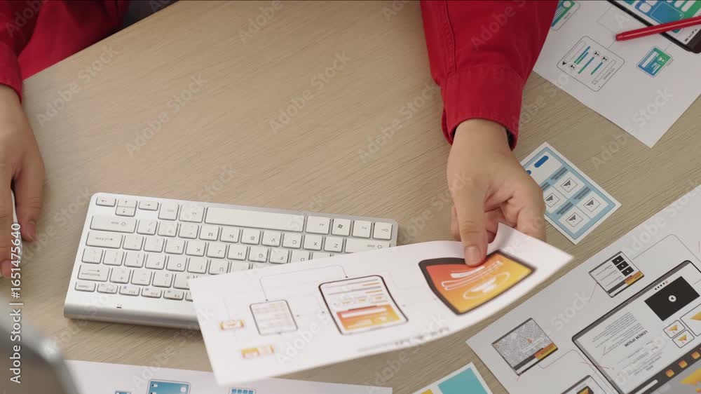 Fototapete startup company employee planning for user interface prototype for mobile application or website in 