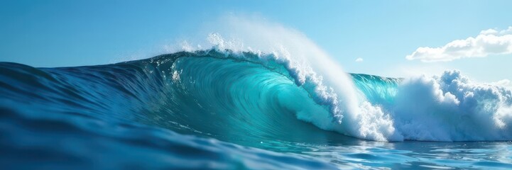 A majestic blue wave curls as a board glides across its face , speed, clear