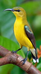 Obraz premium Yellow bird perched on a branch close up