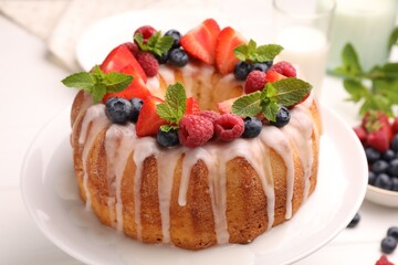 Delicious bundt cake with berries, glaze and mint on white table, closeup