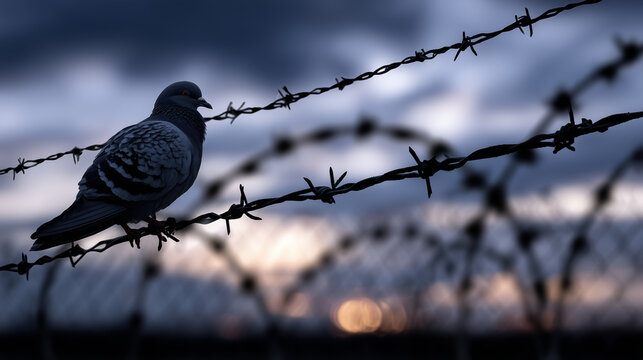 Isolated pigeon on a high wire, silhouetted against a gloomy sky, with rows of sharp barbed wire fencing enclosing the prison yard beneath,