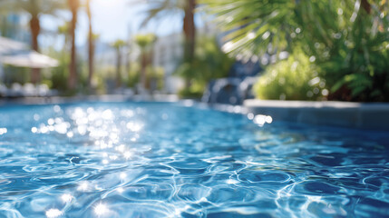 Bright sun illuminating rippling pool water, surrounded by greenery and calm outdoor space, perfect for vacation relaxation,