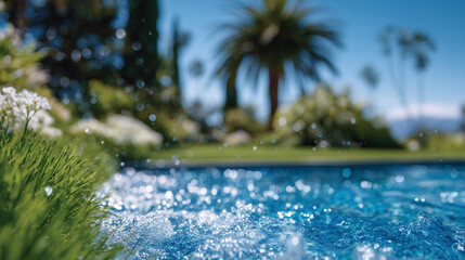Close-up of a sunlit pool with vibrant aqua water, surrounded by fresh green grass and tall trees, evoking leisure and summer bliss,