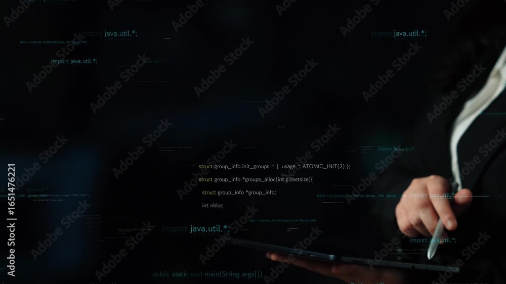 Poster a woman uses a tablet while surrounded by an overlay of programming code in a dark setting, symboliz