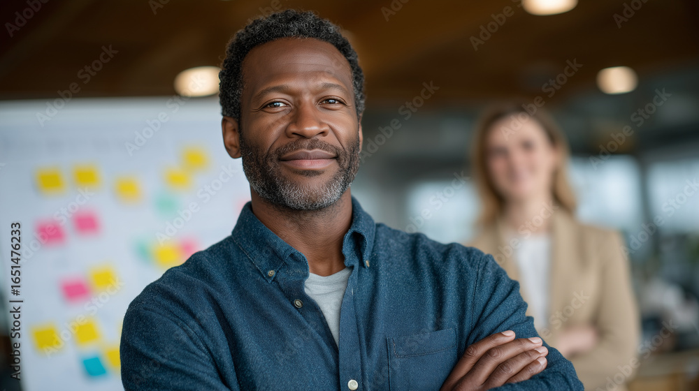 Poster dynamic scene of black man mapping out project workflow on a whiteboard, colorful sticky notes attac