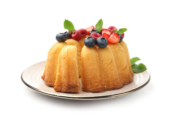 Tasty Bundt cake with berries and mint isolated on white