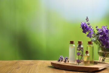 Bottles of essential oils and different plants on wooden table outdoors, closeup. Space for text