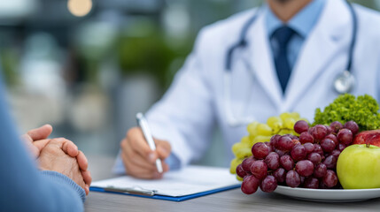Doctor reviewing a diet plan with patient, pointing toward fresh fruits on desk, soft daylight and clean clinical environment creating a positive mood,
