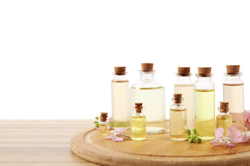 Bottles of essential oils and different plants on wooden table against white background