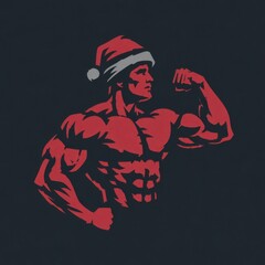 Muscular man wearing a Santa hat flexing biceps in a festive design for holiday-themed fitness promotion