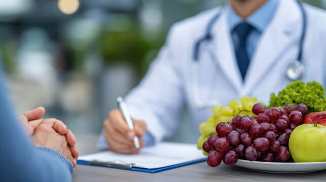 Doctor reviewing a diet plan with patient, pointing toward fresh fruits on desk, soft daylight and clean clinical environment creating a positive mood,