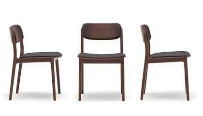 Fototapeta premium A set of three dark brown wooden chairs viewed from different angles on a white background.