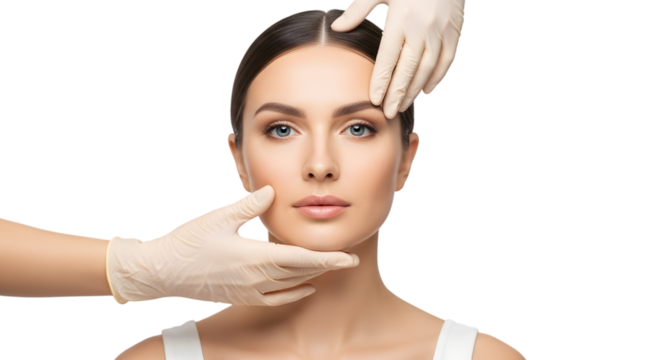 Woman Face Examination by Doctor Hands with Medical Gloves Cut Out PNG. - Powered by Adobe