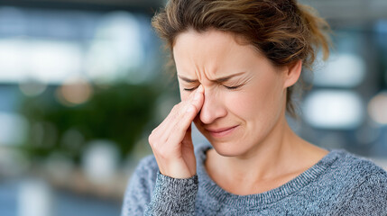 Close-up of woman with pained expression, pressing fingers against bridge of nose, showing sinus pressure and inflammation, muted background emphasizing her distress,