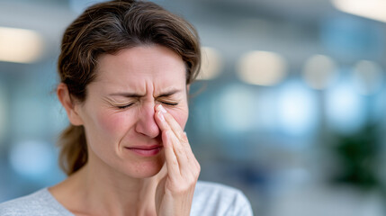 Pained expression of woman with sinus pressure, slight redness around nose and cheeks, sitting in bright clinical examination room,