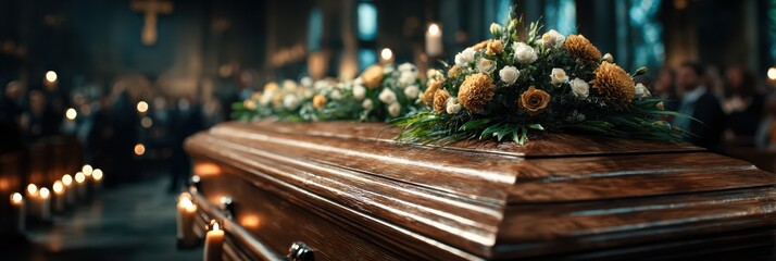 Emotional farewell during a solemn memorial service held in a historic chapel with mourners gathered in quiet reflection