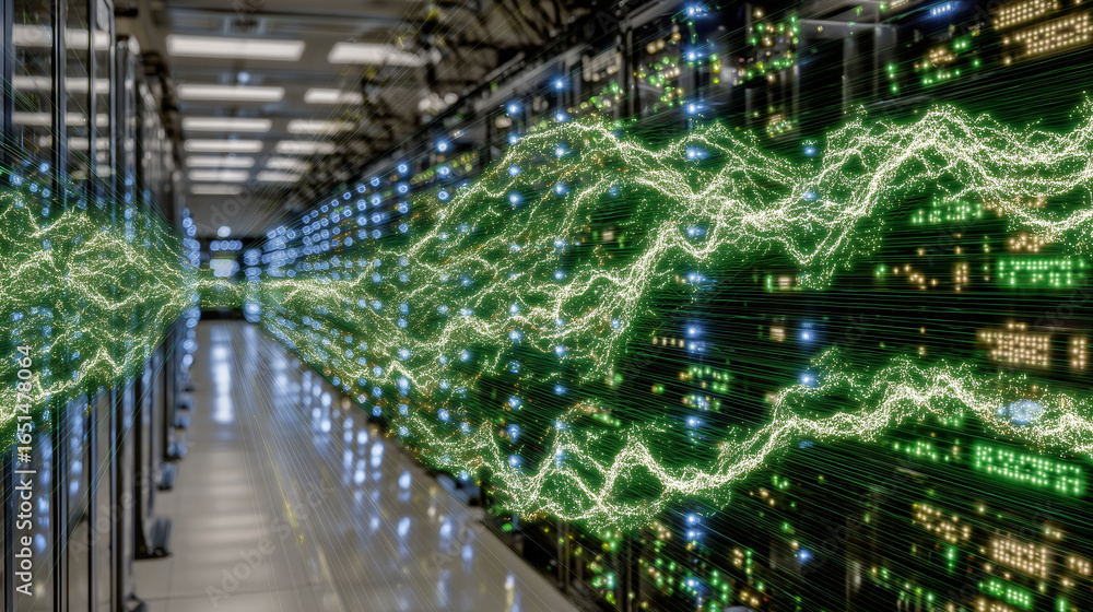 Poster long corridor between server racks in state-of-the-art data center, green network cables creating st