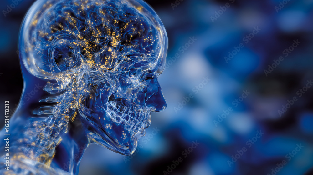 Poster profile of translucent head showing detailed bone structure and sinus inflammation, blue gradient ba