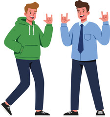 Two young men making rock hand signs casual and formal clothing friendly gesture illustration vector 