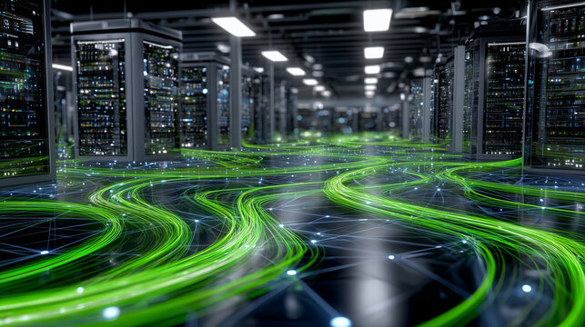 Modern data center interior with multiple connected server racks, vibrant green cables forming intricate patterns, LED lights glowing, conveying sense of digital connectivity,