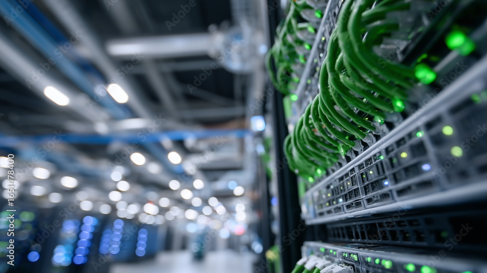 Poster close-up of server racks with neatly bundled green network cables, blinking indicator lights, reflec