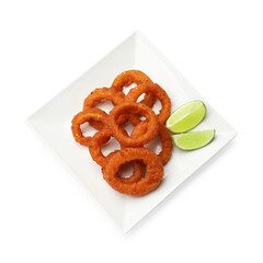 Fried squid rings and lime isolated on white, top view