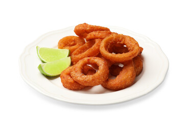 Fried squid rings and lime isolated on white