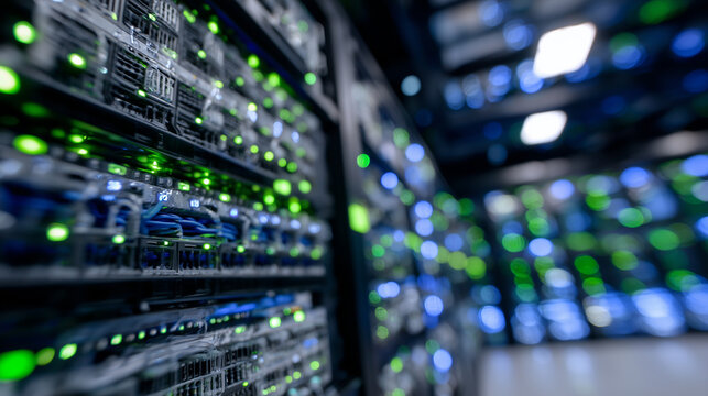 Close-up of network cables plugged into server ports, green indicator lights blinking, metal panels reflecting ambient LED glow, emphasizing high-tech connectivity,