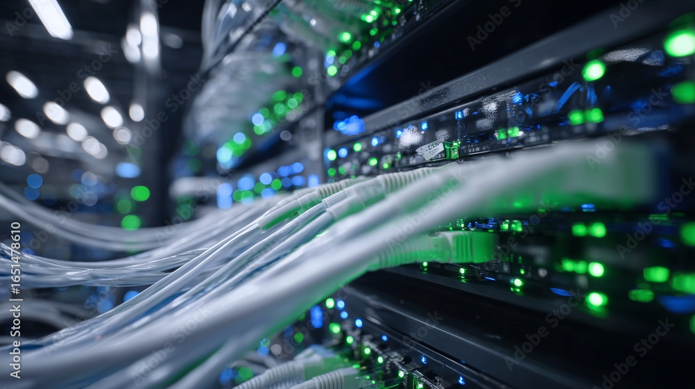 Poster high-resolution macro of network cables plugged into server with green led indicators, subtle reflec