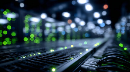 Detailed close-up of Ethernet cables connected to black server rack, green status lights indicating active connections, polished rack surfaces enhancing depth,