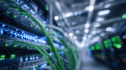 Close-up of server connections with green-lit network cables, focused depth of field showing cable details, blurred data center lights in background,